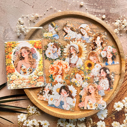 30 Pcs Flower-Adorned Girl Series Retro character journaling Stickers