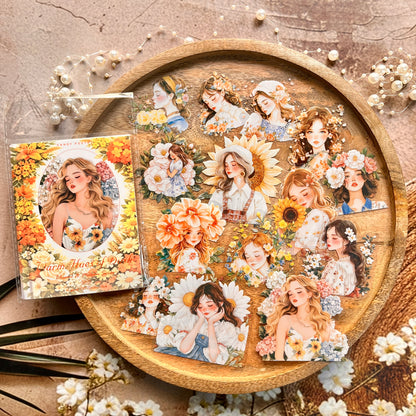 30 Pcs Flower-Adorned Girl Series Retro character journaling Stickers