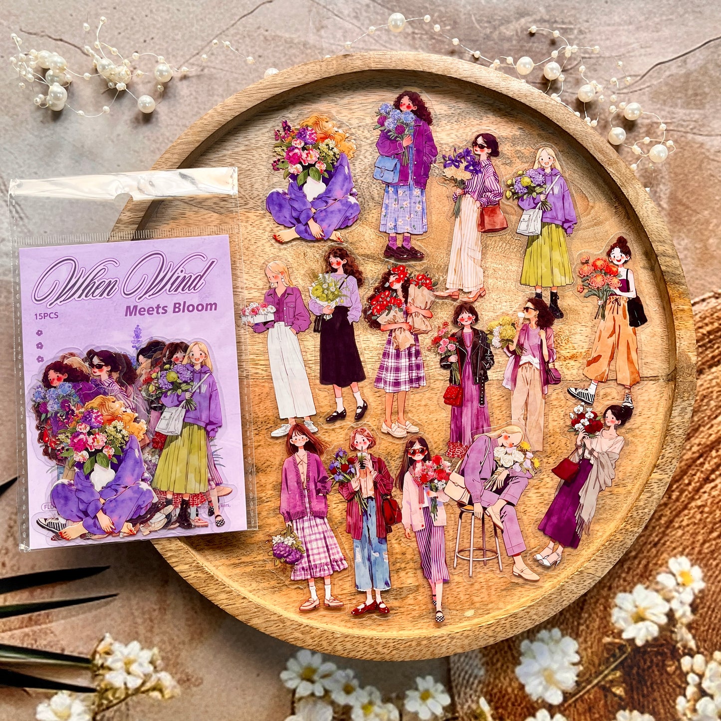 15 Pcs When the Wind Meets the Flowers Series Character Stickers