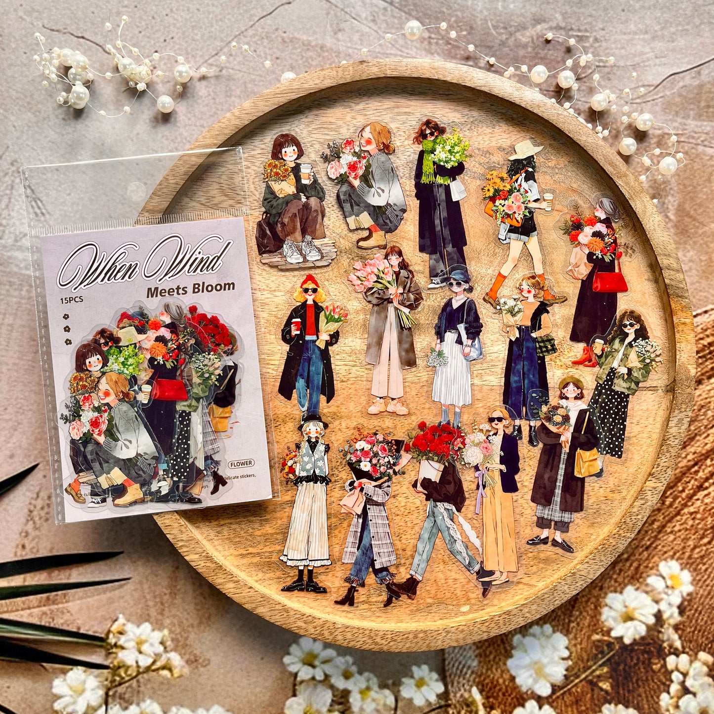 15 Pcs When the Wind Meets the Flowers Series Character Stickers