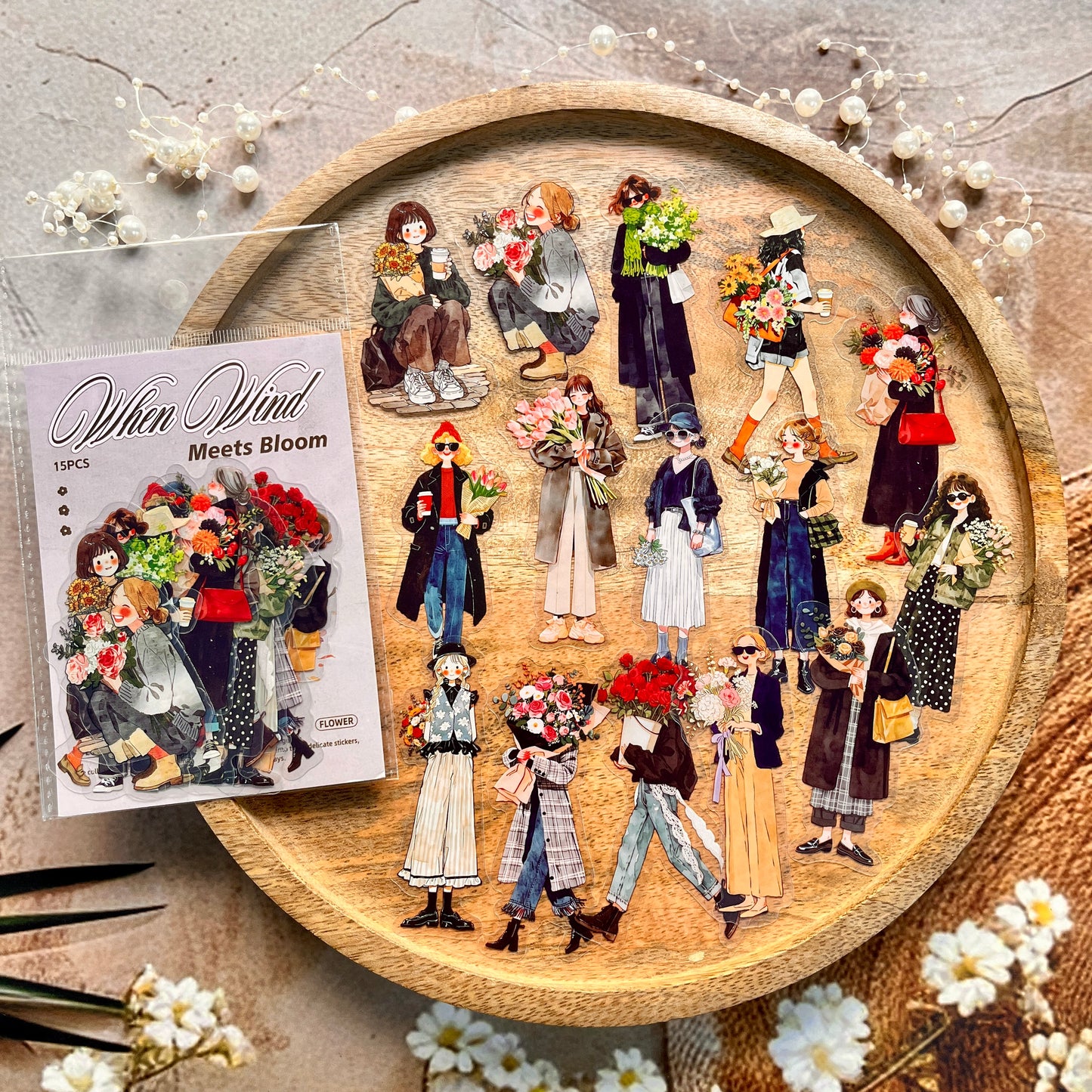 15 Pcs When the Wind Meets the Flowers Series Character Stickers