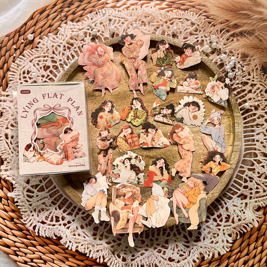 100 Pcs Lie Flat Plan Series Character Scenery Sticker Box