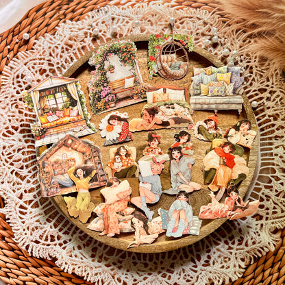 100 Pcs Lie Flat Plan Series Character Scenery Sticker Box
