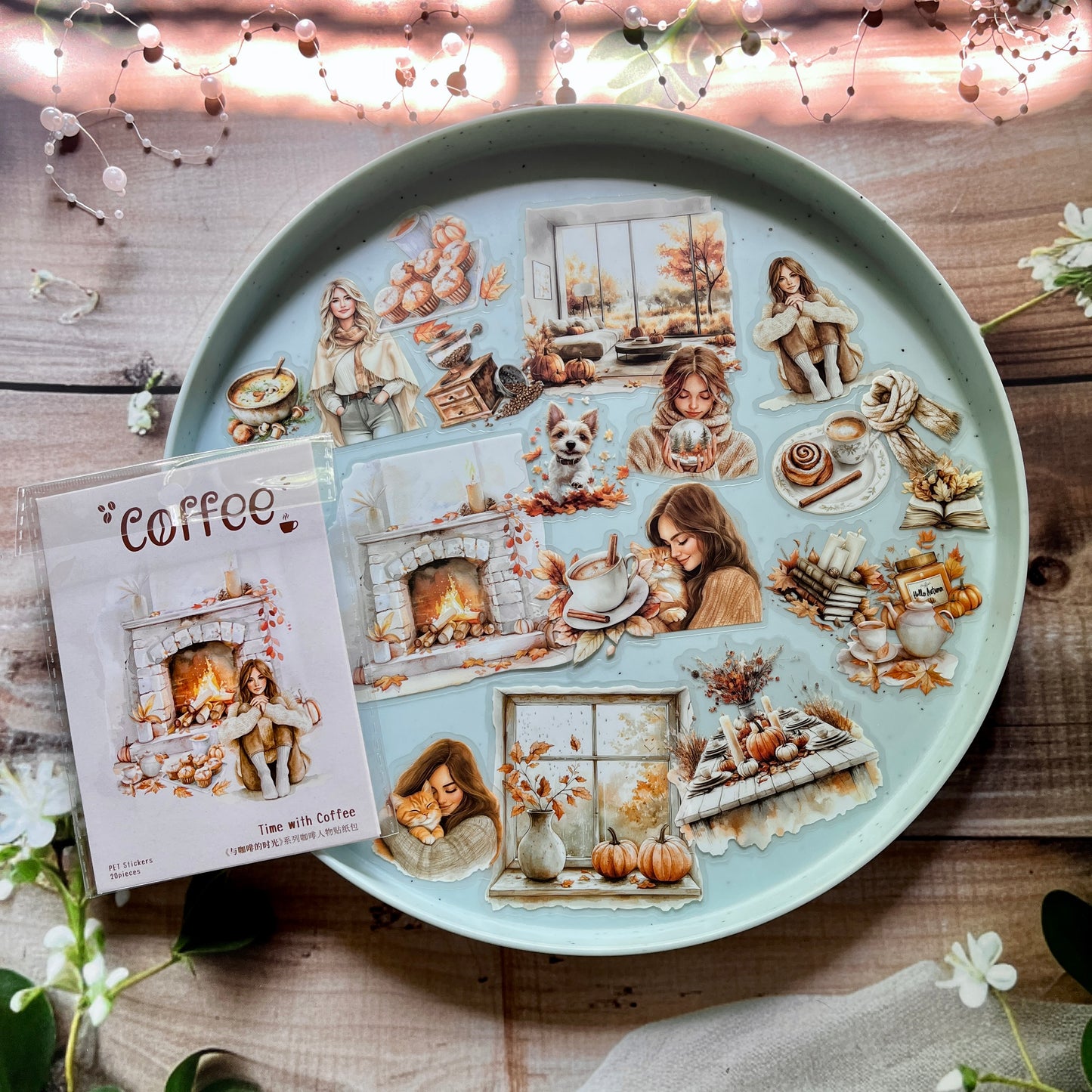 20 Pcs Time with Coffee Series Vintage Character Landscaping PET Sticker