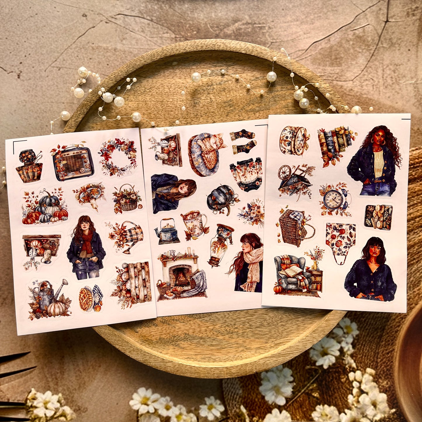 3 Sheets Dark Blue Season Cute Character Autumn Stickers