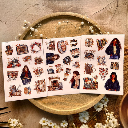 3 Sheets Dark Blue Season Cute Character Autumn Stickers