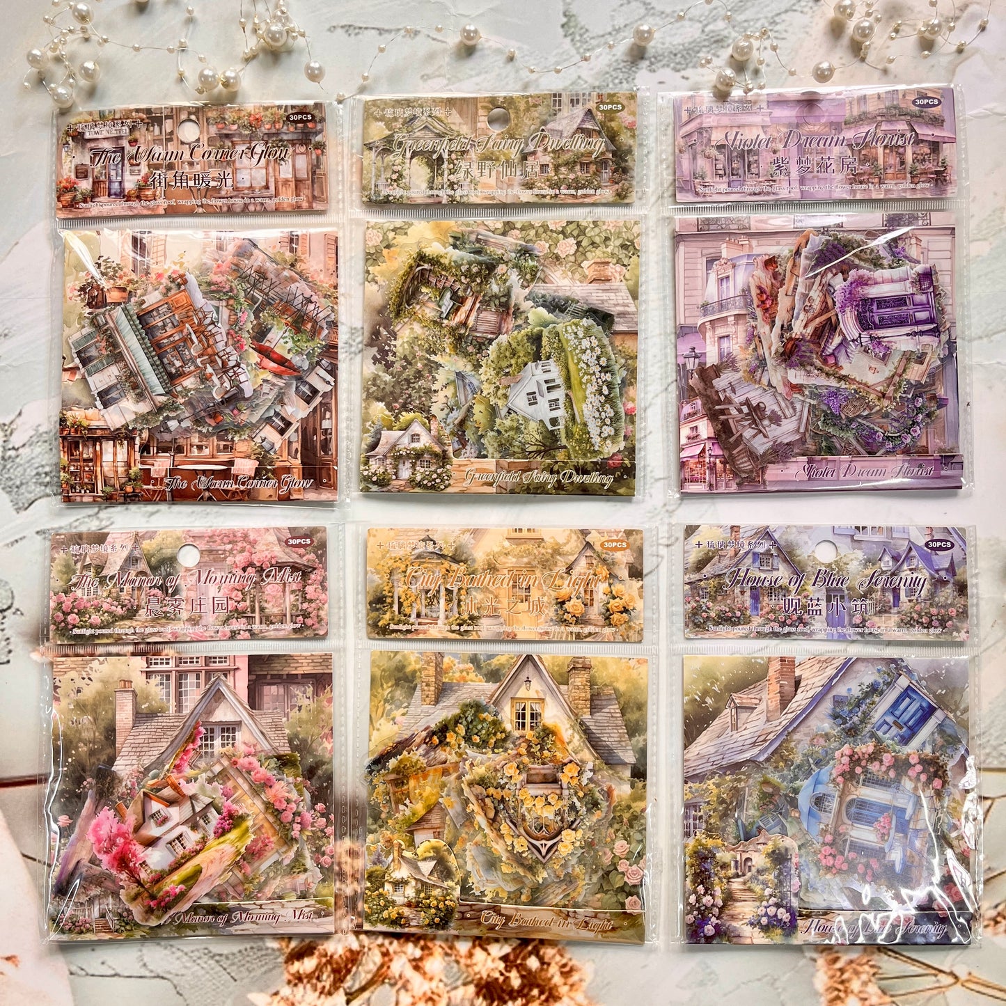 30 Pcs Glass Dream Series Retro House-Themed Scenery Stickers