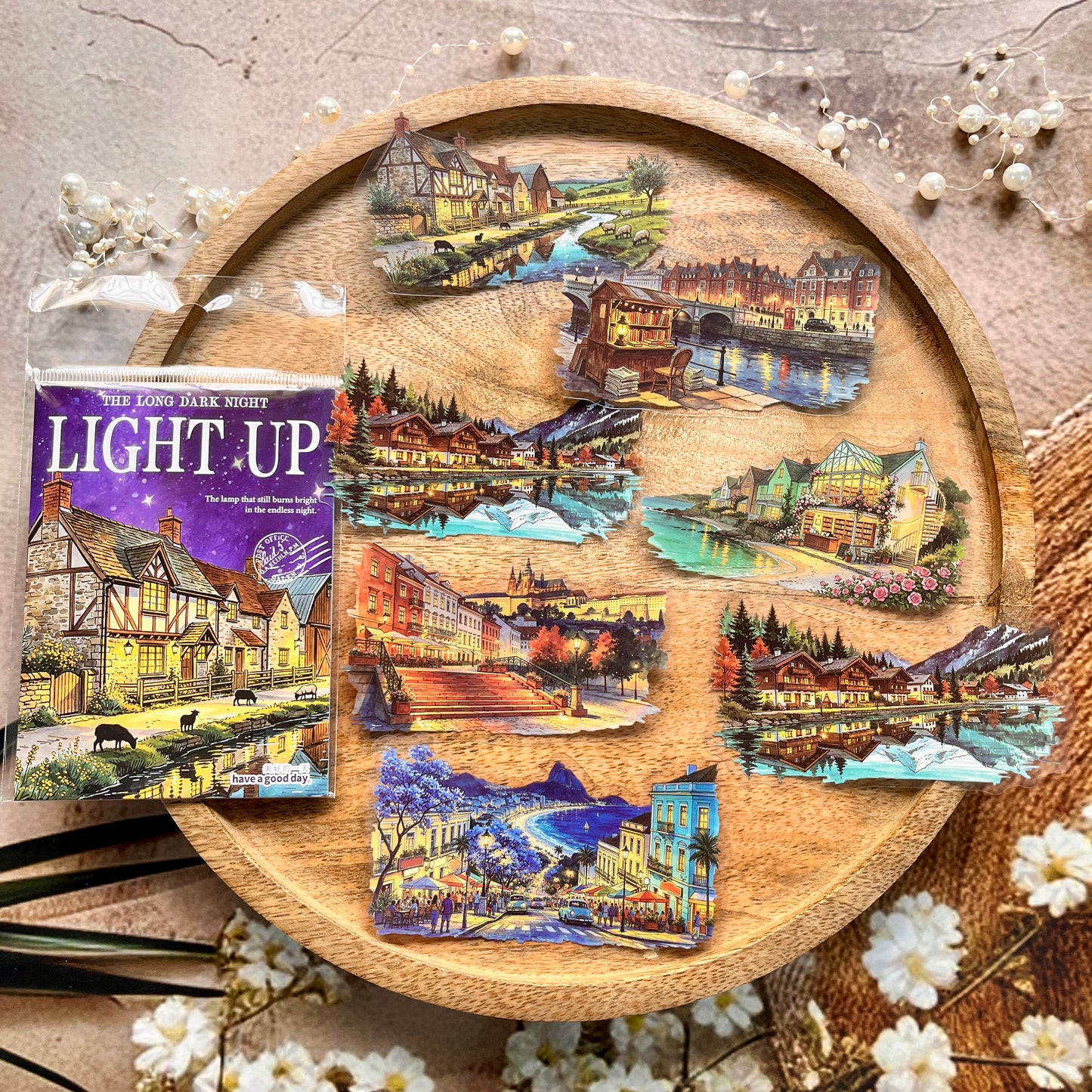 12 Pcs Light Up The Long Night Series Scenery Stickers