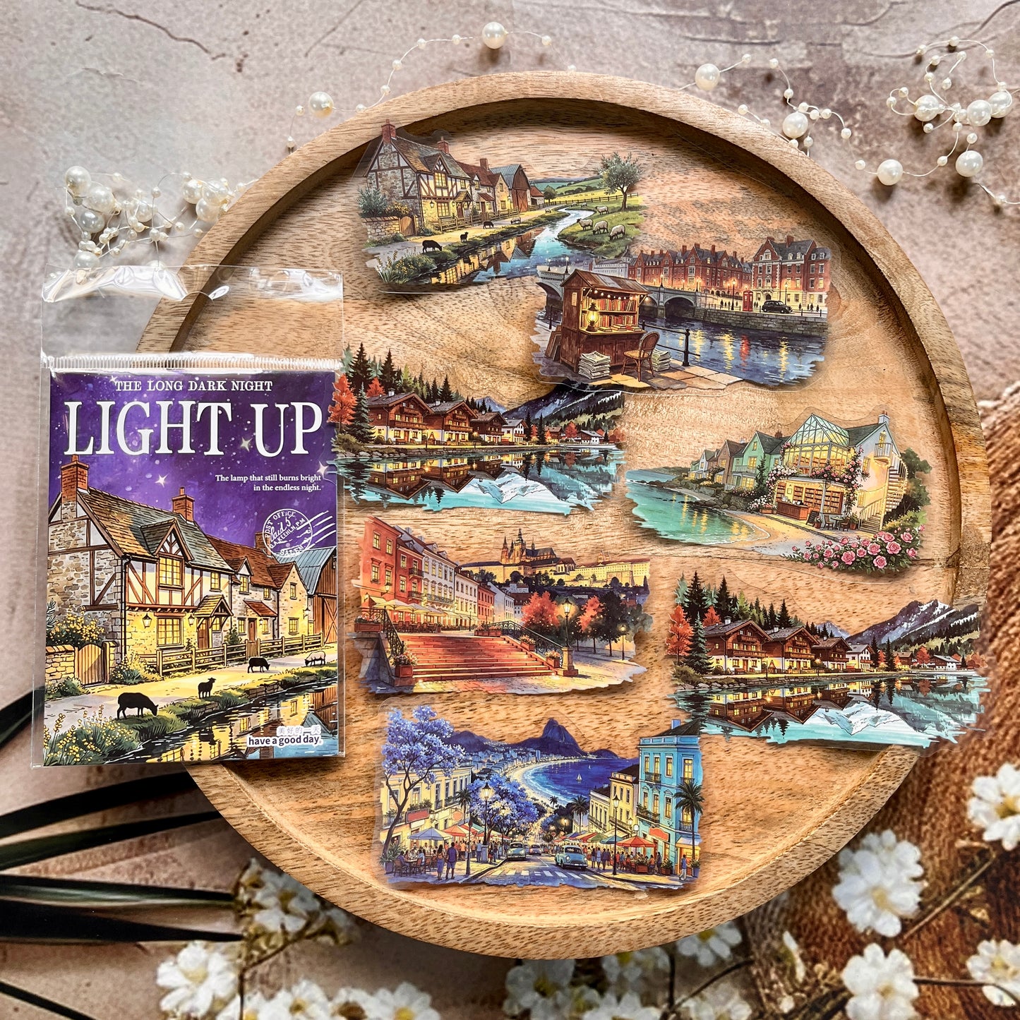 12 Pcs Light Up The Long Night Series Scenery Stickers