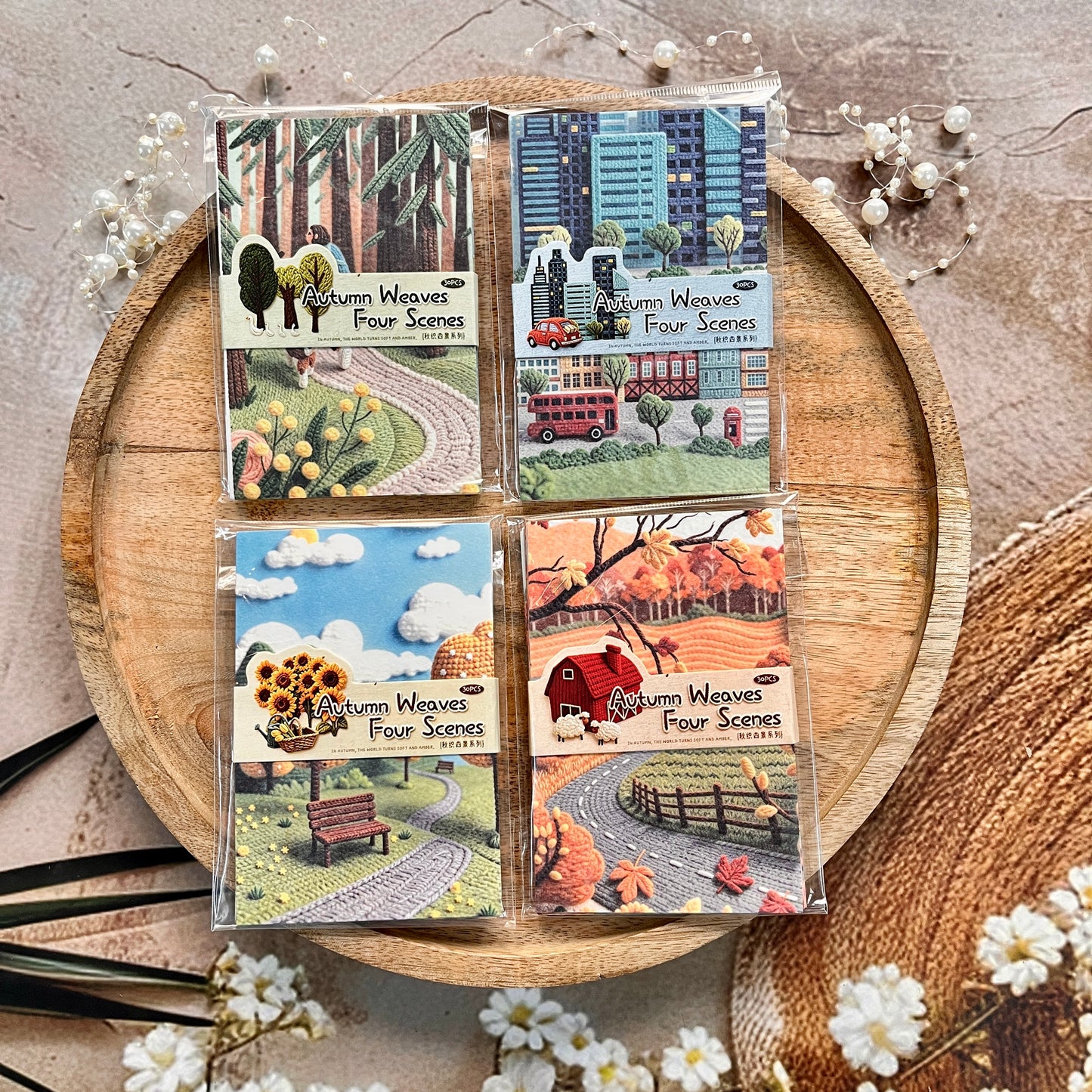 30 Sheets Four Scenes of Autumn Weaving 3D Crochet Landscape Stickers