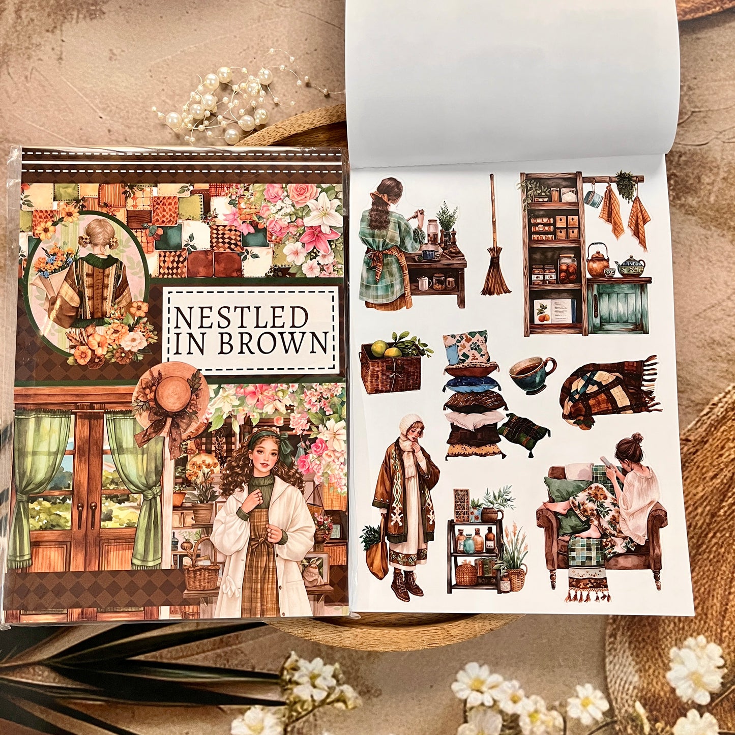 20 Sheets Nestled In Brown Sticker Book for Scrapbooking