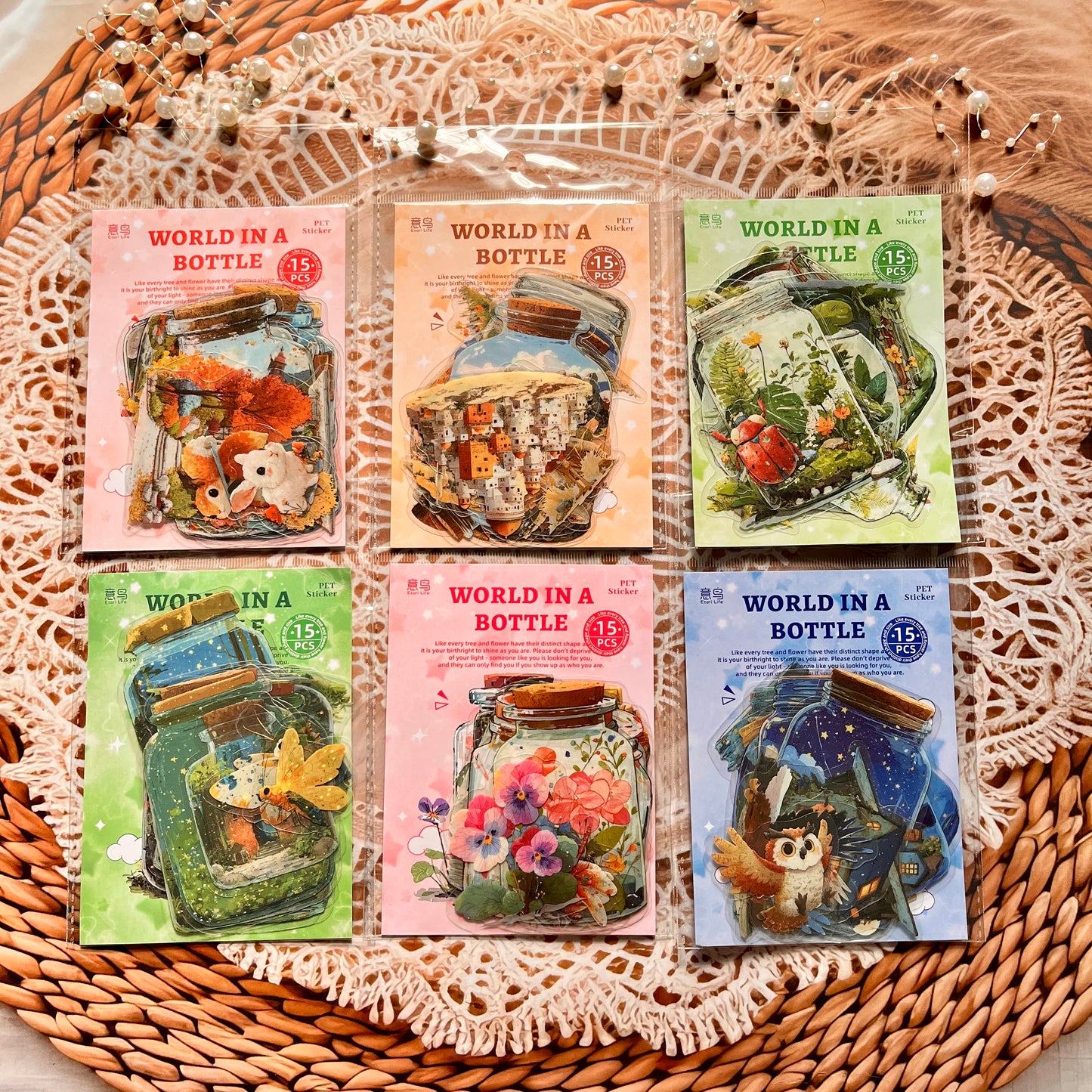 15 Pcs Bottle World Series Oil Painting Bottle Scenery Stickers