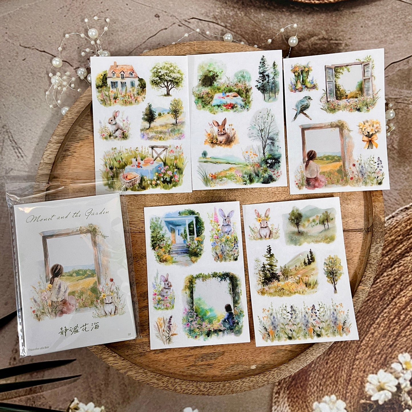 5 Sheets Monet and Garden Series Retro Garden PVC Transfer Stickers