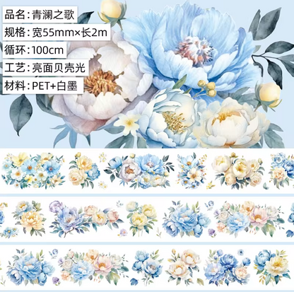 2M Roll Blue Floral Glossy Pet Tape for journaling