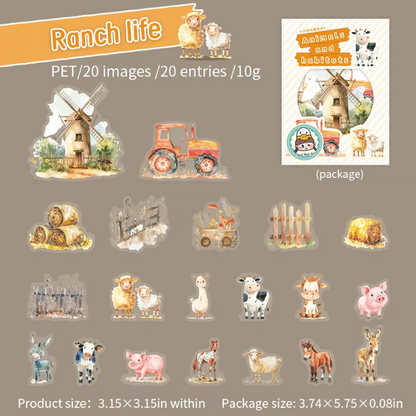 20 Pcs Animal and Habitats Series Kawaii Landscaping Stickers