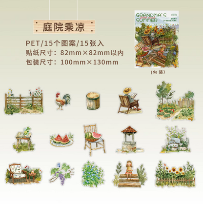 15pcs Summer at Grandma's House Series of Idyllic Countryside Theme Decorative Stickers