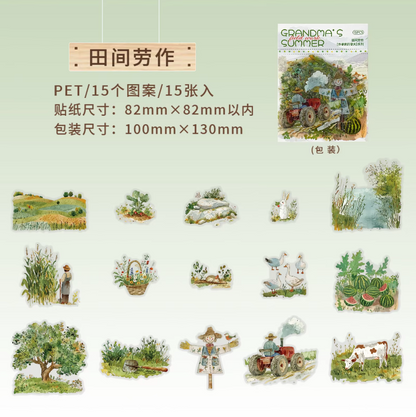 15pcs Summer at Grandma's House Series of Idyllic Countryside Theme Decorative Stickers