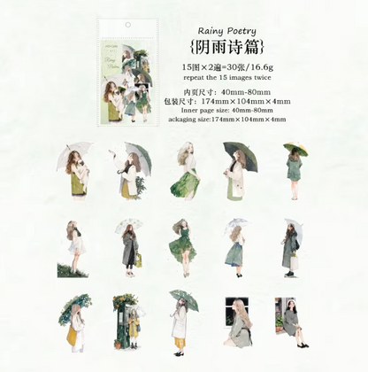 30 Pcs Rain Overture Series Vintage Umbrella Character stickers