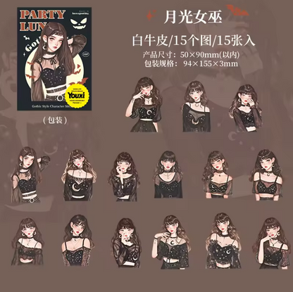 15 Pcs Luna Party Series Gothic-style Character Stickers for Scrapbooking