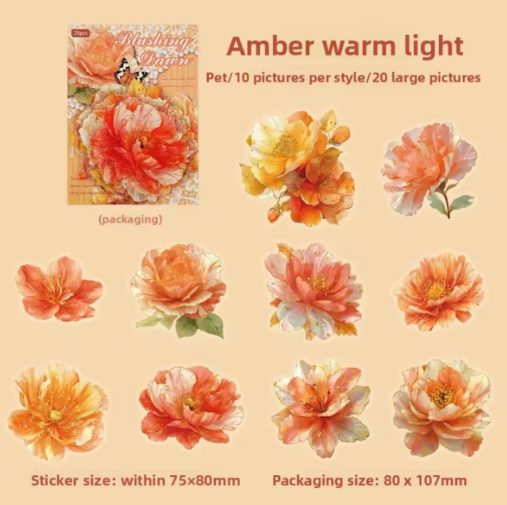 20 Pcs Multi Size Golden Flower Language Series Floral Stickers