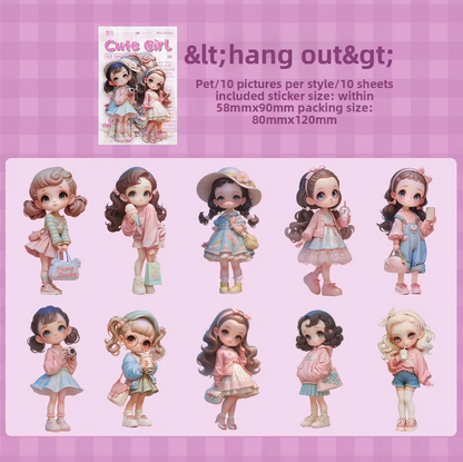 10 Pcs Cute Girl Series Cartoon Characters Decorative Stickers for Journaling