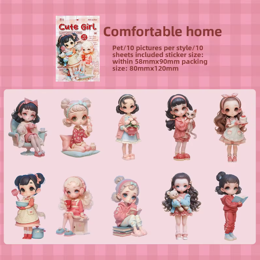 10 Pcs Cute Girl Series Cartoon Characters Decorative Stickers for Journaling