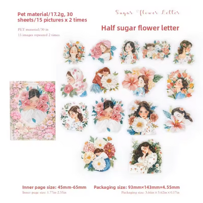 30 Pcs Flower-Adorned Girl Series Retro character journaling Stickers