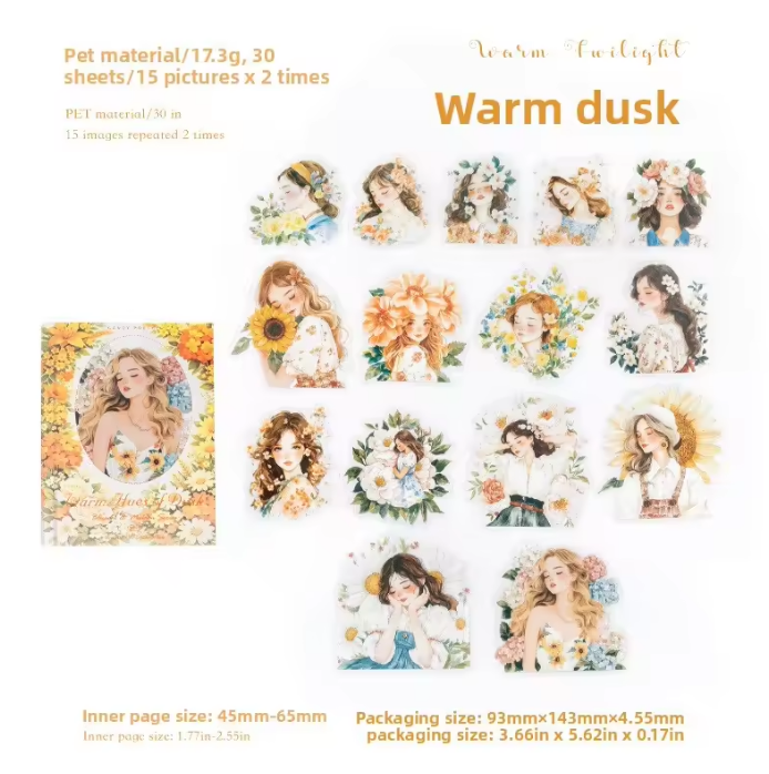 30 Pcs Flower-Adorned Girl Series Retro character journaling Stickers