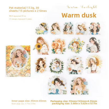 30 Pcs Flower-Adorned Girl Series Retro character journaling Stickers