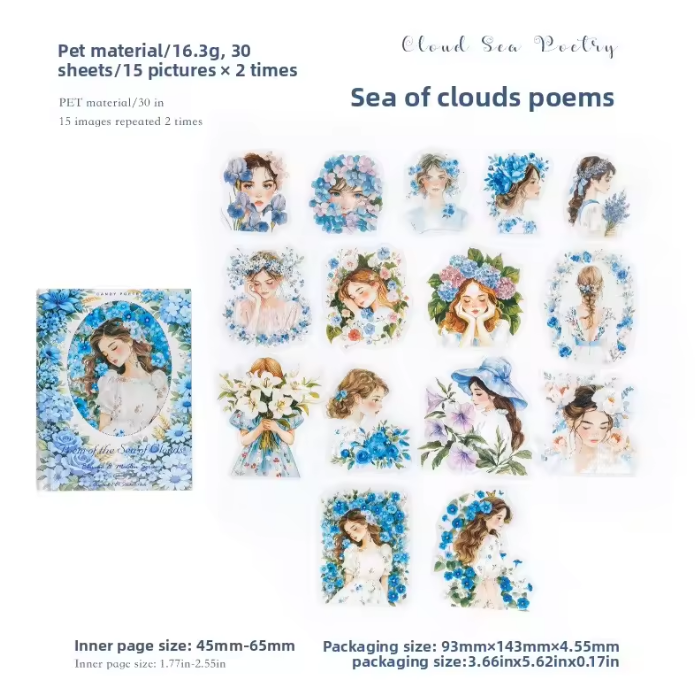 30 Pcs Flower-Adorned Girl Series Retro character journaling Stickers