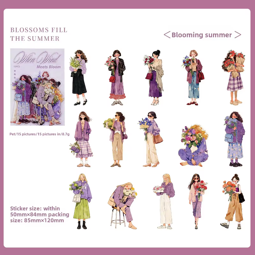 15 Pcs When the Wind Meets the Flowers Series Character Stickers