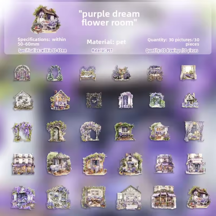 30 Pcs Glass Dream Series Retro House-Themed Scenery Stickers