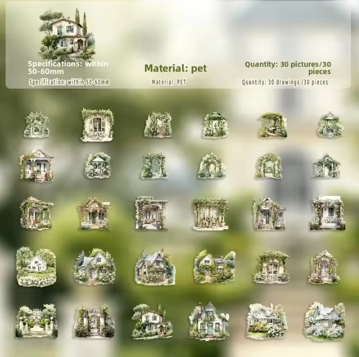 30 Pcs Glass Dream Series Retro House-Themed Scenery Stickers