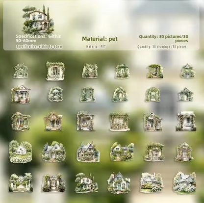 30 Pcs Glass Dream Series Retro House-Themed Scenery Stickers