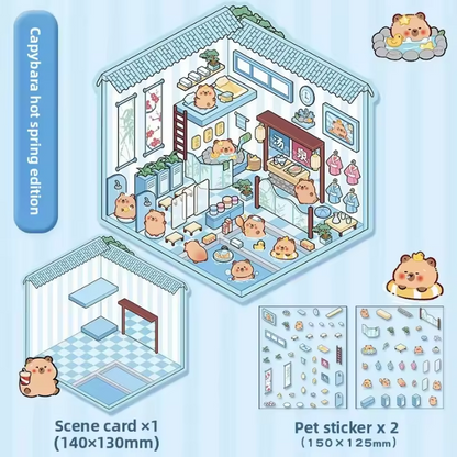 3 Sheets Capybara Landscaping 3D Miniature Hut Fun Cartoon Stickers