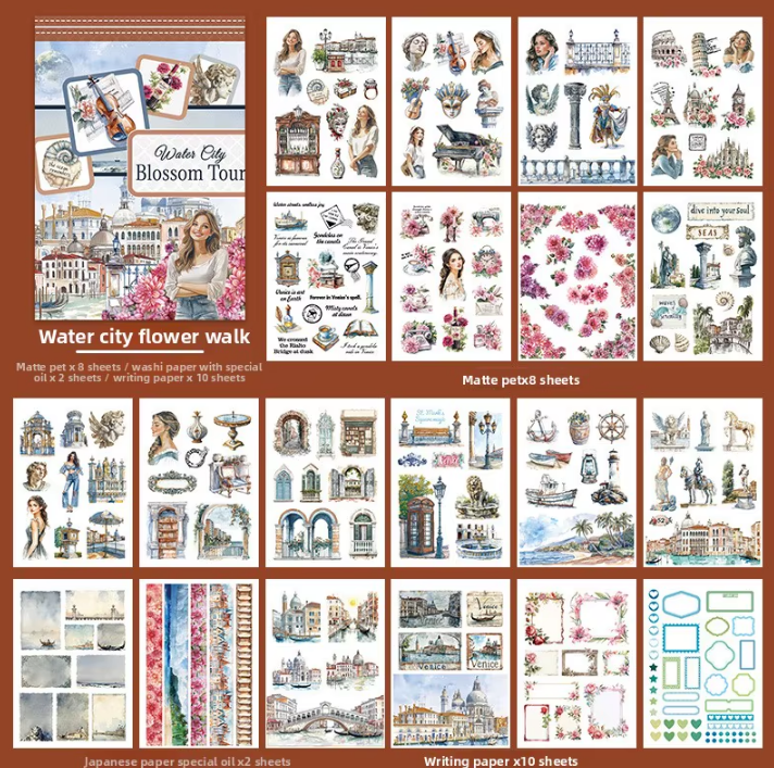 20 Sheets Water City Blossom Tour Sticker Book for Scrapbooking