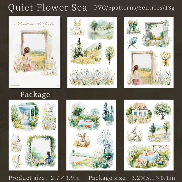 5 Sheets Monet and Garden Series Retro Garden PVC Transfer Stickers