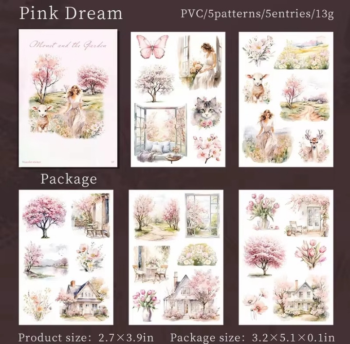 5 Sheets Monet and Garden Series Retro Garden PVC Transfer Stickers