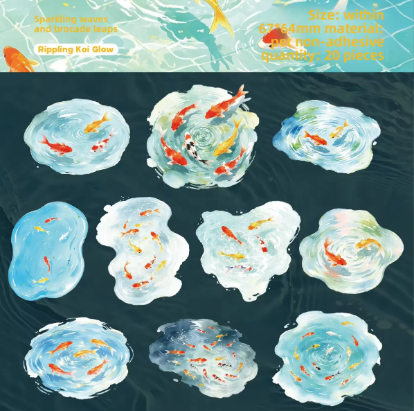 20 Pcs Clear Pond Reflecting Carp Series Pond-themed Journaling Stickers