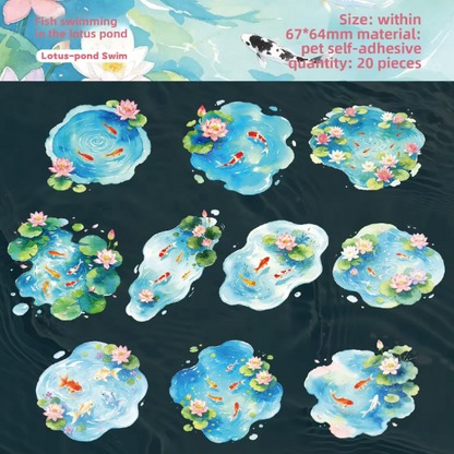 20 Pcs Clear Pond Reflecting Carp Series Pond-themed Journaling Stickers