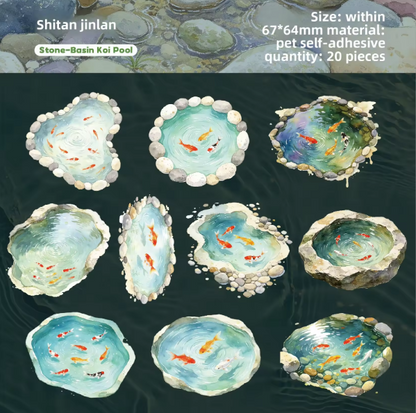 20 Pcs Clear Pond Reflecting Carp Series Pond-themed Journaling Stickers