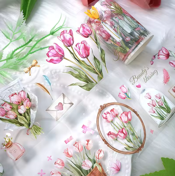 55mm* 2M Tulip Floral Glossy Pet Tape for Journaling