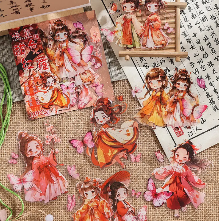 12 Pcs ancient style teenage characters handbook stickers