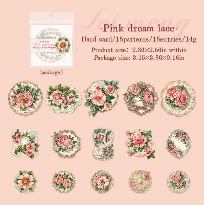 15 Pcs Retro Lace Hard Card Floral Stickers for Journaling