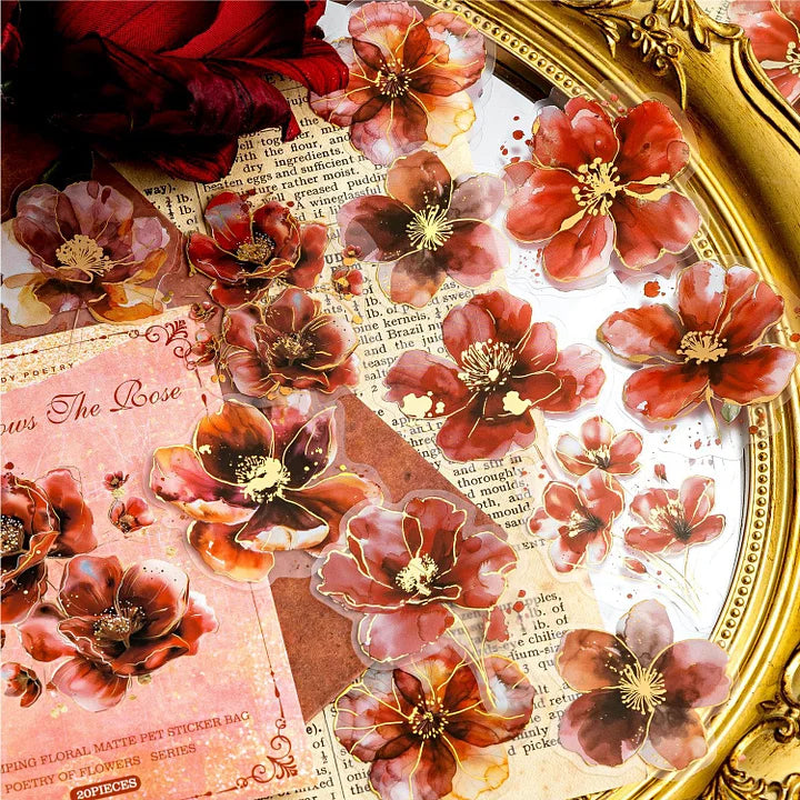 20 Pcs Flower Poetry Series Vintage Floral Landscaping Bronzing PET Sticker