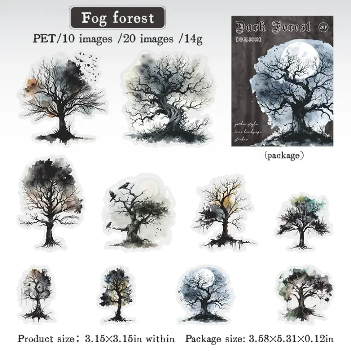 20 Pcs Dark Forest Series Vintage Gothic Tree Landscaping Pet Stickers